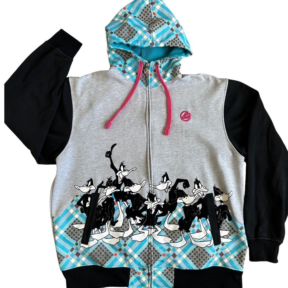 RARE VTG Lot29 Flocked Daffy Duck Looney Tunes Full Zip Hoodie Grey Teal Black